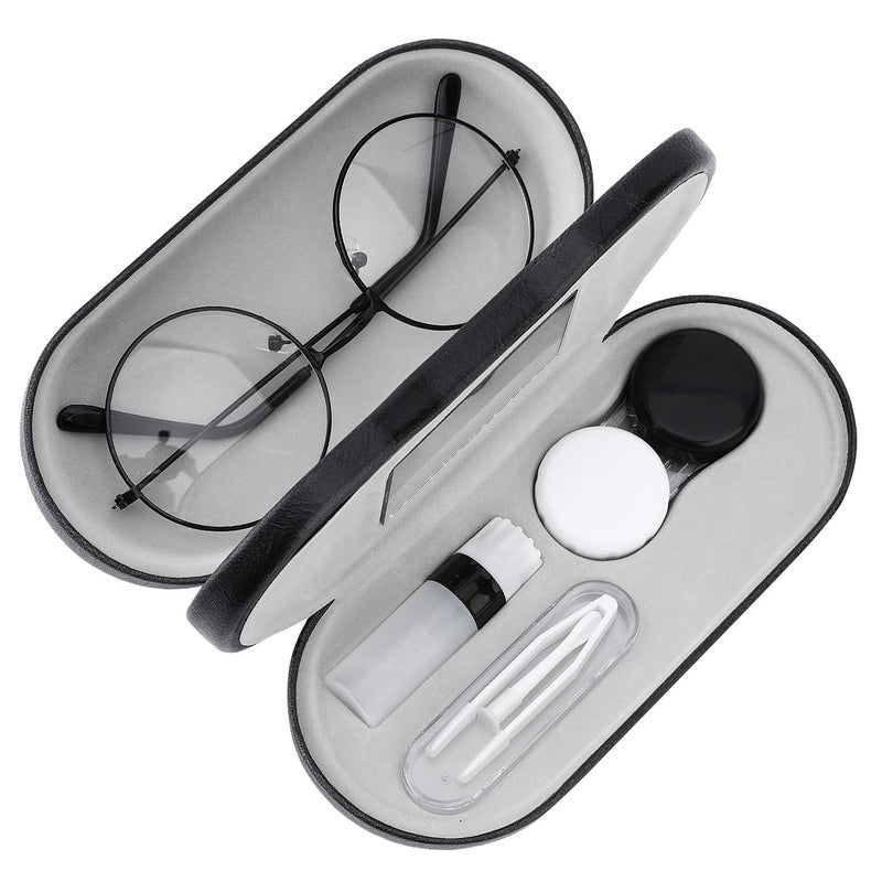 MoKo Double Eyeglass Case Contact Lens Case with Mirror Tweezers Remover 2 in 1 Double Sided Portable Contact Lens Box Holder Container Soak Storage Kit Sunglasses Pouch for Men Women Black