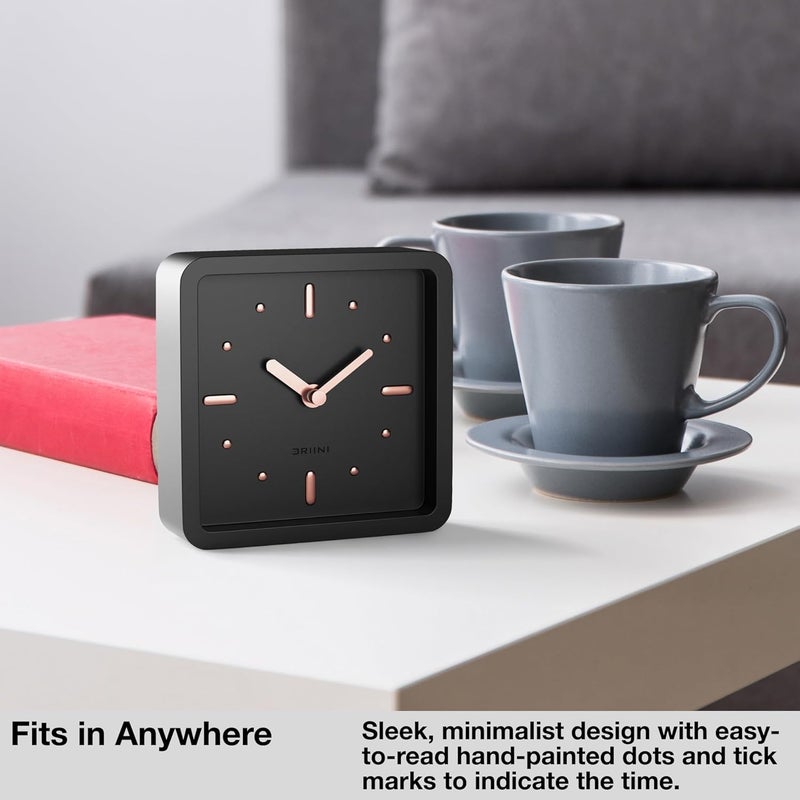 Driini Modern Mid Century Desk & Shelf Clock (Black Rose Gold) - Battery Operated with Silent, Analog Movement – Small Tabletop Clocks for Office – Perfect for Mantle, End Table, Desktop or Nightstand - Image 2