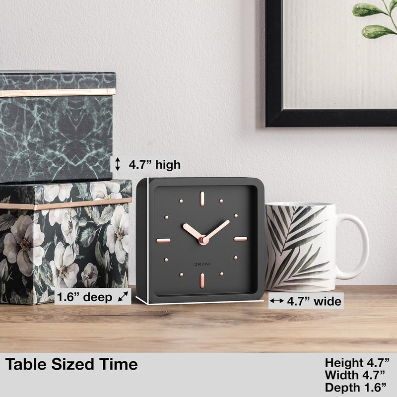 Driini Modern Mid Century Desk & Shelf Clock (Black Rose Gold) - Battery Operated with Silent, Analog Movement – Small Tabletop Clocks for Office – Perfect for Mantle, End Table, Desktop or Nightstand - Image 4