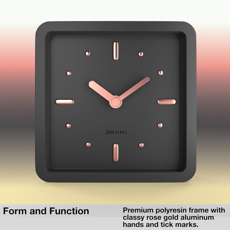 Driini Modern Mid Century Desk & Shelf Clock (Black Rose Gold) - Battery Operated with Silent, Analog Movement – Small Tabletop Clocks for Office – Perfect for Mantle, End Table, Desktop or Nightstand - Image 3