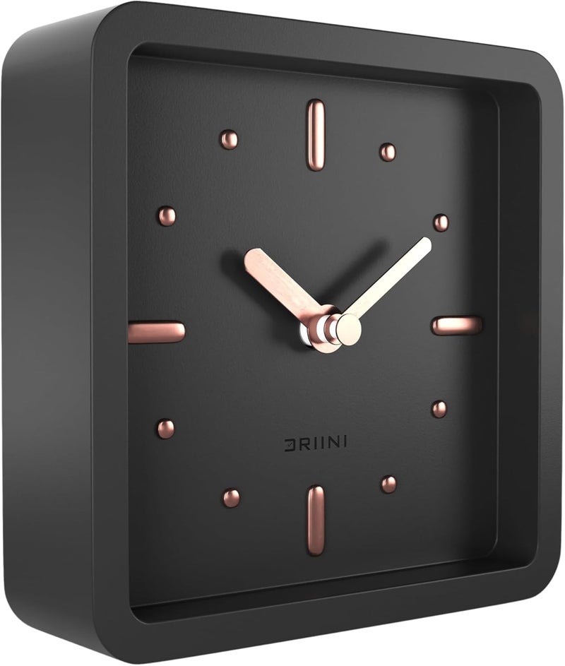 Driini Modern Mid Century Desk & Shelf Clock (Black Rose Gold) - Battery Operated with Silent, Analog Movement – Small Tabletop Clocks for Office – Perfect for Mantle, End Table, Desktop or Nightstand - Image 1