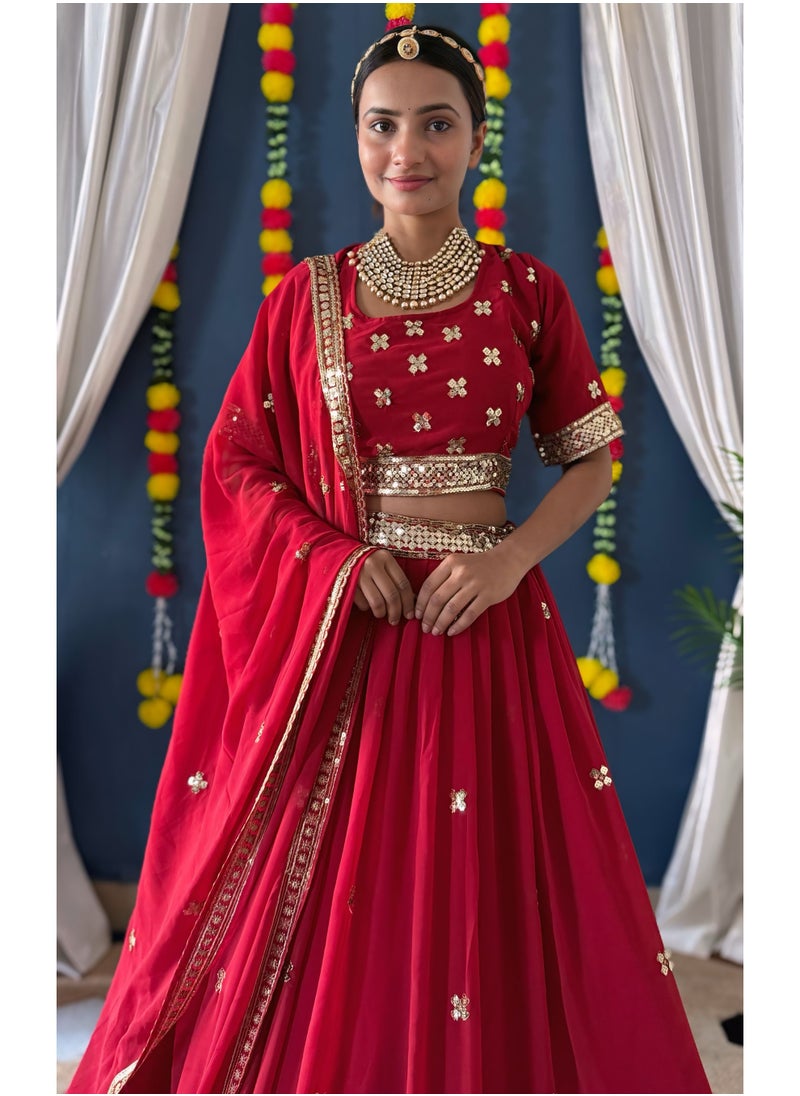 Super Asian “Twilight Gleam” – Embroidered Faux Georgette Lehenga Set with 4m Flair & Sequin Detailing  - Image 4