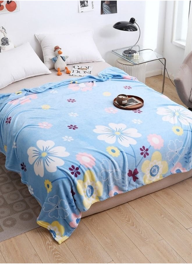 LUNA Home Fleece blanket 200*230cm is very soft, warm and cozy, sky blue with a floral pattern.  - Image 1