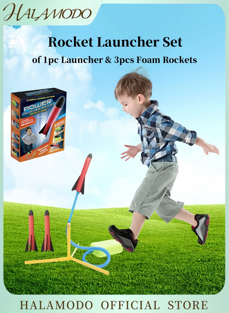 HALAMODO Rocket Launcher Set of 1pc Launcher & 3pcs Foam Rockets Outdoor Backyard Summer or Beach Toys Games Kid's Birthday Gifts Mini Jump Rocket Set for & Kids & Boys & Girls Launch up to 100 feet  - Image 1