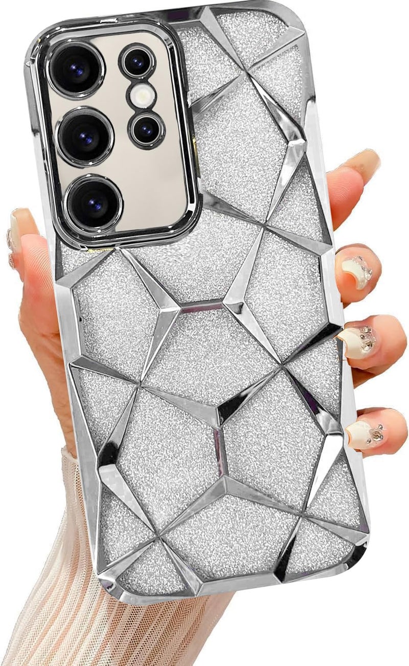VONZEE Gradient Glitter Case for Samsung S24 Ultra, Luxury Electroplated 3D Cube, Diamond Bling Shiny Soft TPU Clear Shockproof Case Women Girls Protective Phone Cover (Silver) - Image 1