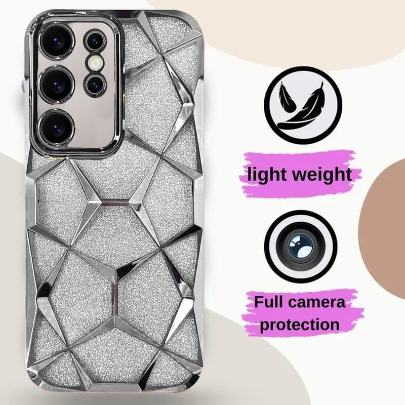 VONZEE Gradient Glitter Case for Samsung S24 Ultra, Luxury Electroplated 3D Cube, Diamond Bling Shiny Soft TPU Clear Shockproof Case Women Girls Protective Phone Cover (Silver) - Image 2