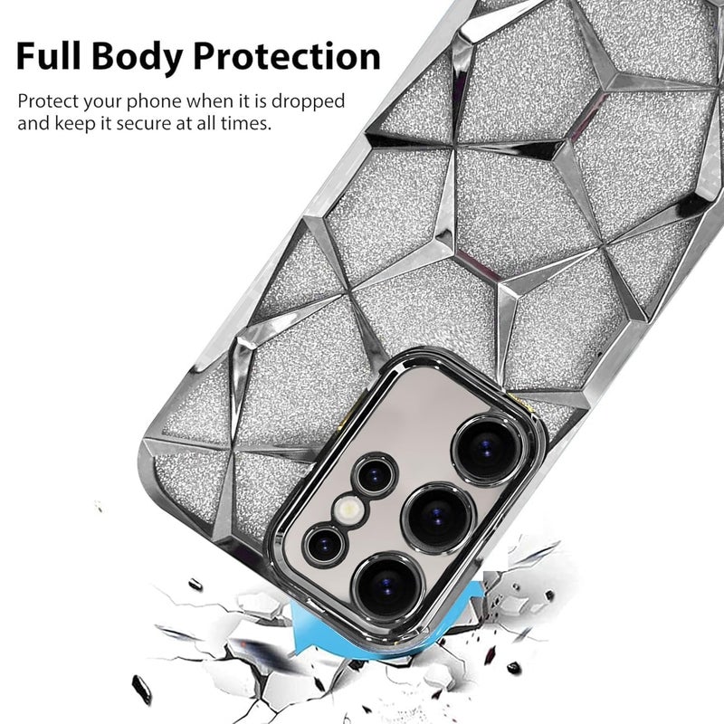VONZEE Gradient Glitter Case for Samsung S24 Ultra, Luxury Electroplated 3D Cube, Diamond Bling Shiny Soft TPU Clear Shockproof Case Women Girls Protective Phone Cover (Silver) - Image 4