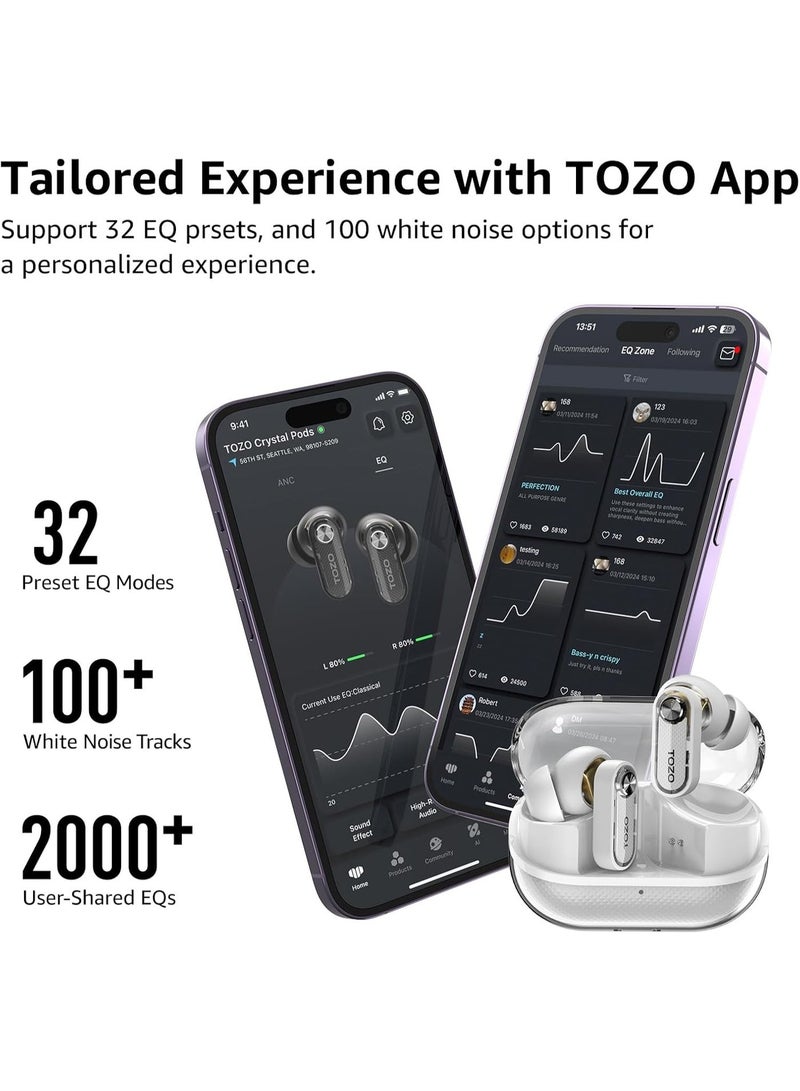 TOZO Hybrid Active Noise Cancelling Wireless Earbuds, Bluetooth 5.4 Headphones, 10mm Drivers Deep Bass Stereo Sound, 4 Mics ENC AI Clear Calls, 32 EQ Customization via App, Crystal Case Design - Image 4