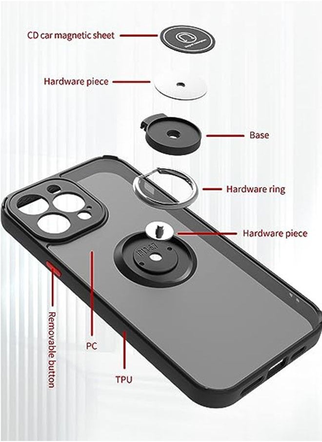 iPhone 14 Pro Case, Matte Texture, Car Mounted Magnetic Suction, Anti Drop and Shock-Absorbing, Metal Ring Bracket Grip with 360 ° Rotation + 90 ° Folding for Stable Support, Black