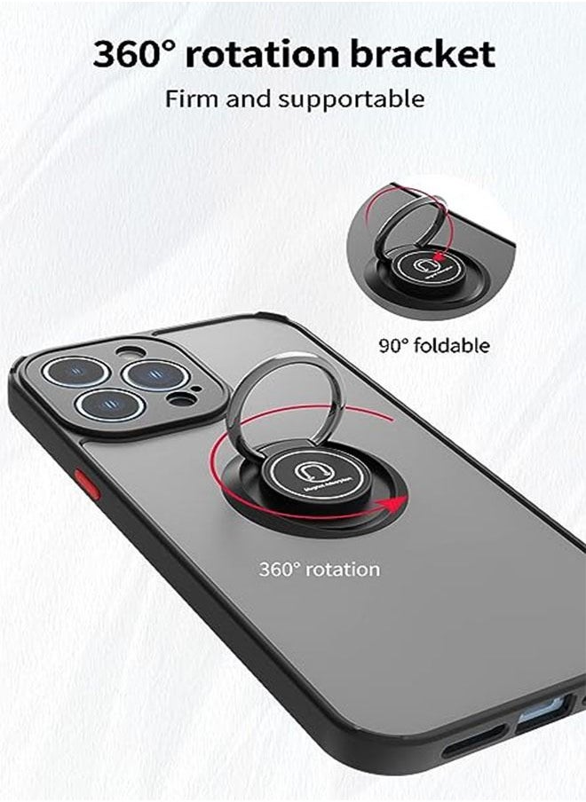 iPhone 14 Pro Case, Matte Texture, Car Mounted Magnetic Suction, Anti Drop and Shock-Absorbing, Metal Ring Bracket Grip with 360 ° Rotation + 90 ° Folding for Stable Support, Black