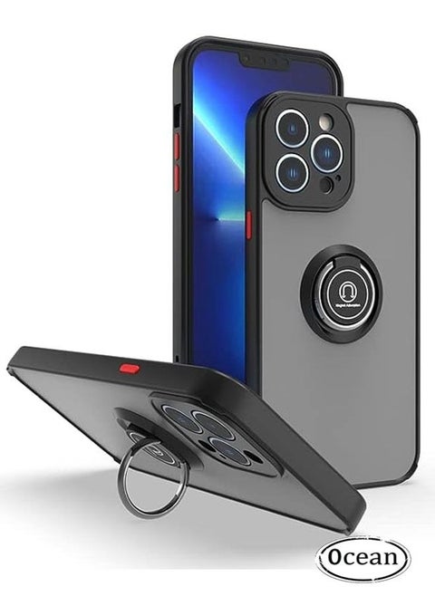 iPhone 14 Pro Case, Matte Texture, Car Mounted Magnetic Suction, Anti Drop and Shock-Absorbing, Metal Ring Bracket Grip with 360 ° Rotation + 90 ° Folding for Stable Support, Black