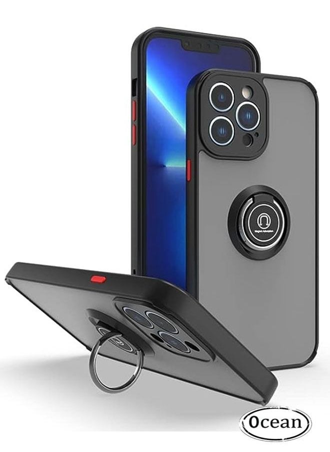 iPhone 14 Pro Case, Matte Texture, Car Mounted Magnetic Suction, Anti Drop and Shock-Absorbing, Metal Ring Bracket Grip with 360 ° Rotation + 90 ° Folding for Stable Support, Black
