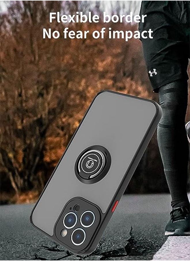 iPhone 14 Pro Case, Matte Texture, Car Mounted Magnetic Suction, Anti Drop and Shock-Absorbing, Metal Ring Bracket Grip with 360 ° Rotation + 90 ° Folding for Stable Support, Black