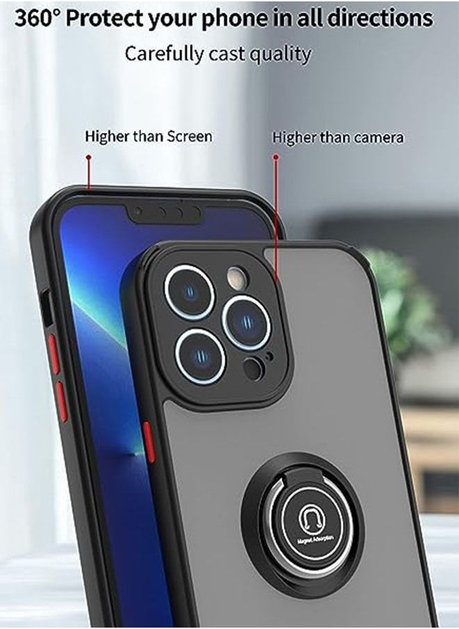 iPhone 14 Pro Case, Matte Texture, Car Mounted Magnetic Suction, Anti Drop and Shock-Absorbing, Metal Ring Bracket Grip with 360 ° Rotation + 90 ° Folding for Stable Support, Black
