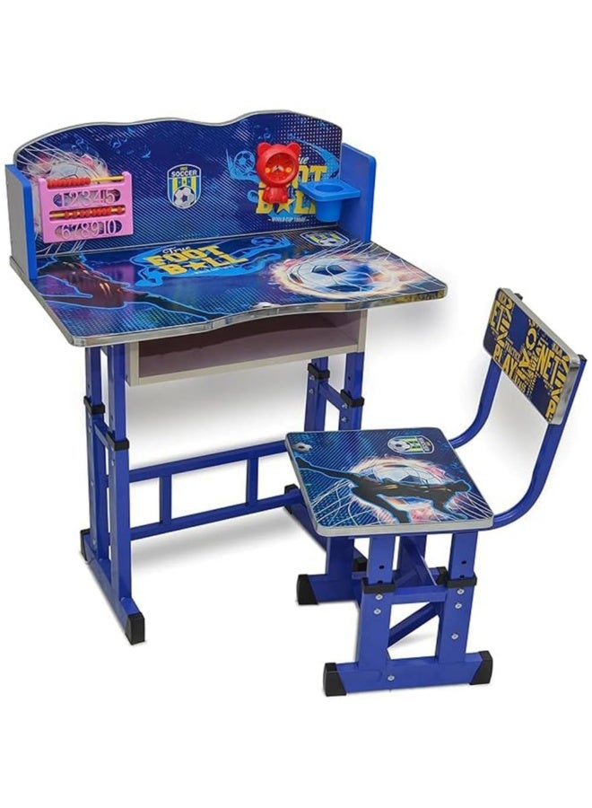 Multi Home Furniture Blue Adjustable Kids Study Table and Chair Set – Ergonomic Study Desk with Drawer, Tilted Desktop & Footrest – Homework Desk for Boys, Children Aged 3–14, Football Theme