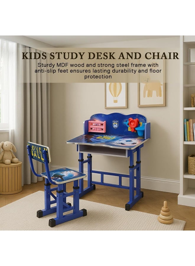 Multi Home Furniture Blue Adjustable Kids Study Table and Chair Set – Ergonomic Study Desk with Drawer, Tilted Desktop & Footrest – Homework Desk for Boys, Children Aged 3–14, Football Theme - Image 2