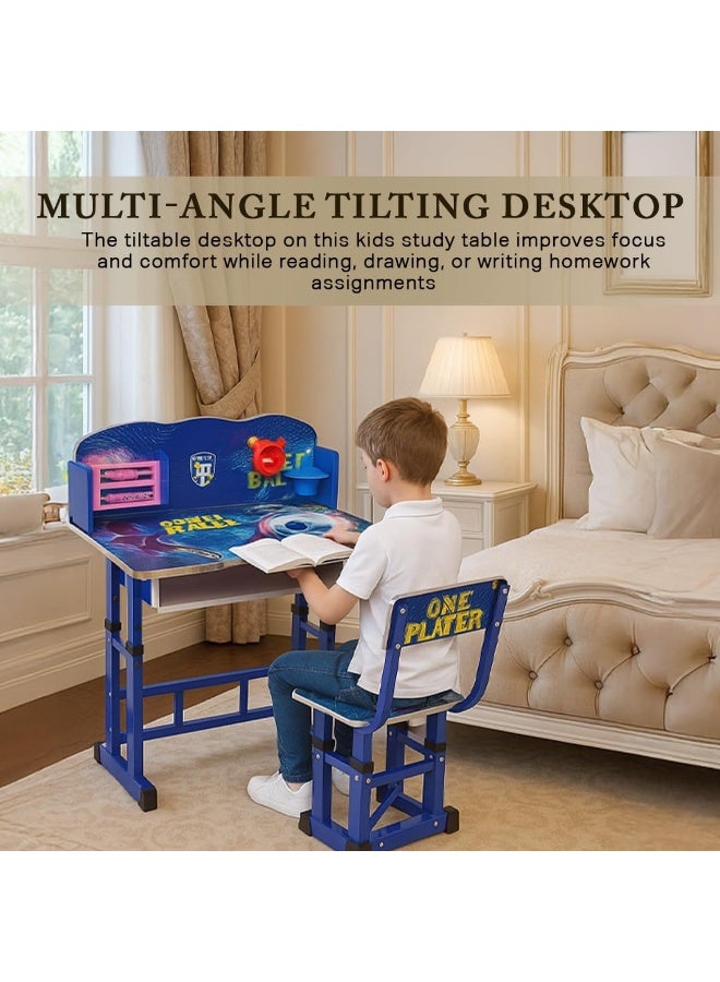 Multi Home Furniture Blue Adjustable Kids Study Table and Chair Set – Ergonomic Study Desk with Drawer, Tilted Desktop & Footrest – Homework Desk for Boys, Children Aged 3–14, Football Theme - Image 3