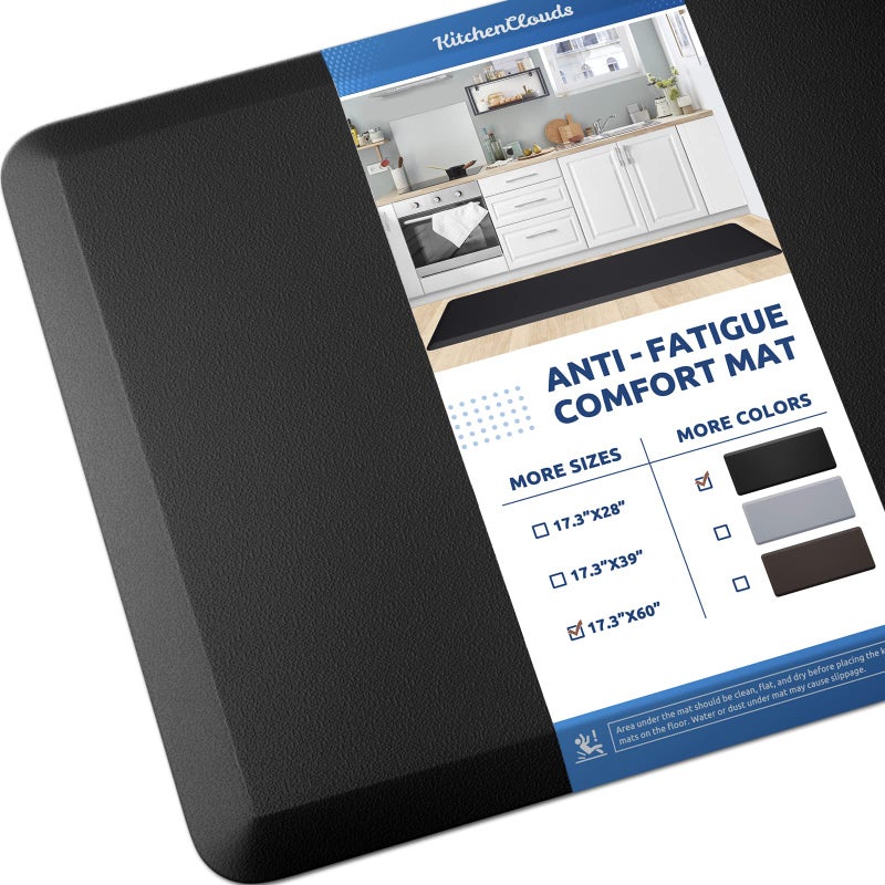 KitchenClouds Kitchen Mat Cushioned Anti Fatigue Rug 17.3"x60" Water Resistant Non Slip Standing Desk Mat Comfort Floor Mats for House Sink Office (Black) - Image 1