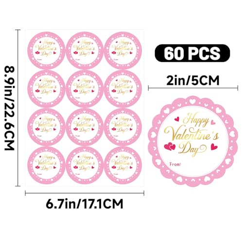 Alynta Happy Valentine's Day Stickers - 2 Inch Pink Valentines Gift Tag Stickers 60Pcs Valentines from Labels Self Adhesive Heart Sticker for Envelope Seals Cards Valentine's Day Decorations (Pink) - Image 2