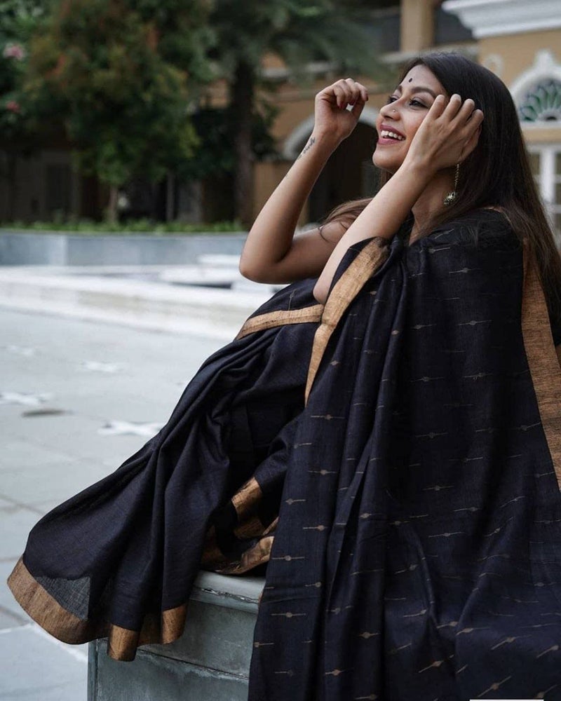 RADHA LAKSHMI Women's Kanjivaram Soft Banarasi linen cotton Silk Saree With Blouse piece(AG black booti) - Image 3