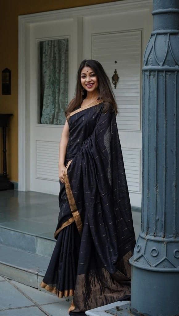 RADHA LAKSHMI Women's Kanjivaram Soft Banarasi linen cotton Silk Saree With Blouse piece(AG black booti) - Image 2