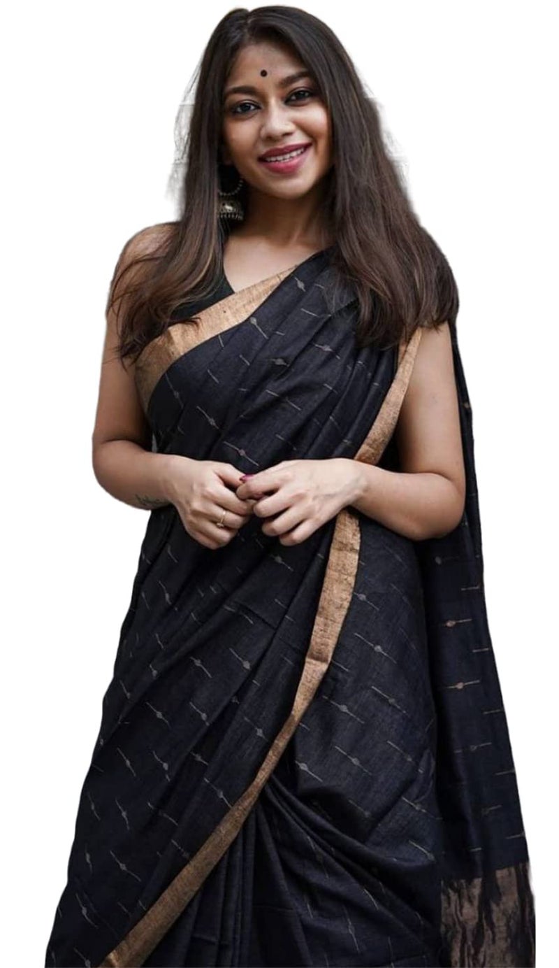 RADHA LAKSHMI Women's Kanjivaram Soft Banarasi linen cotton Silk Saree With Blouse piece(AG black booti) - Image 1
