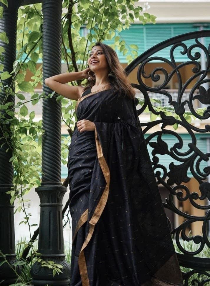 RADHA LAKSHMI Women's Kanjivaram Soft Banarasi linen cotton Silk Saree With Blouse piece(AG black booti) - Image 4