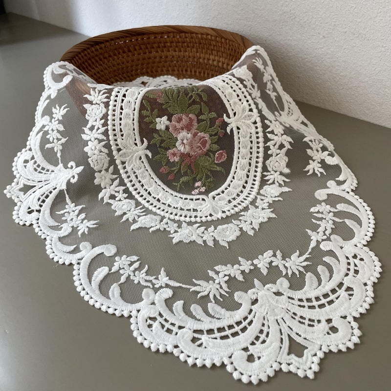 Buysk 4 Pieces Retro Lace Placemats, Embroidered Cup Mats Table Mats, French Crochet Doilies, White (Bouquet in Oval) - Image 3