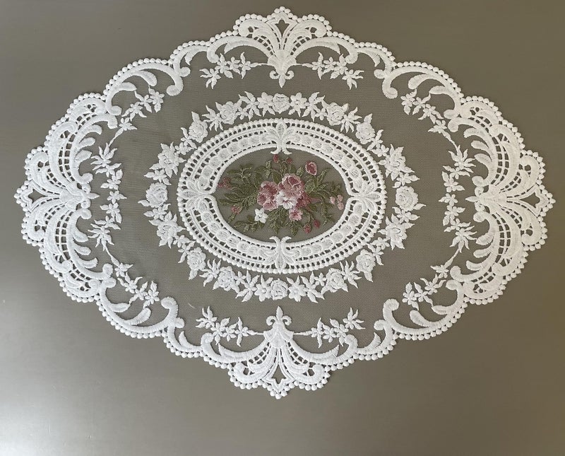 Buysk 4 Pieces Retro Lace Placemats, Embroidered Cup Mats Table Mats, French Crochet Doilies, White (Bouquet in Oval) - Image 1