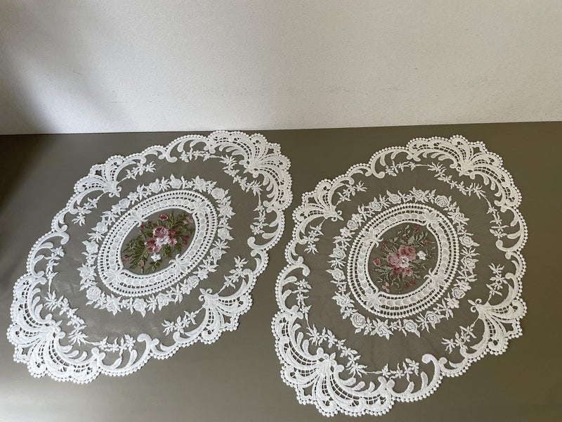 Buysk 4 Pieces Retro Lace Placemats, Embroidered Cup Mats Table Mats, French Crochet Doilies, White (Bouquet in Oval) - Image 2