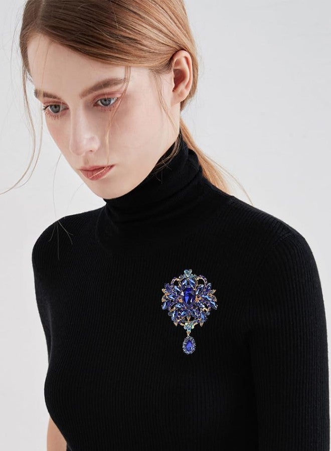 OIDIMS Vintage Wedding Bridal Big Austrian Crystal Rhinestone Bouquet Brooch Pin Elegant Flowers for Women Men Tear Drop Gold-Toneen Tone Brooches Art Deco Victorian Style Dress Clothing Accessories (Blue) - Image 3