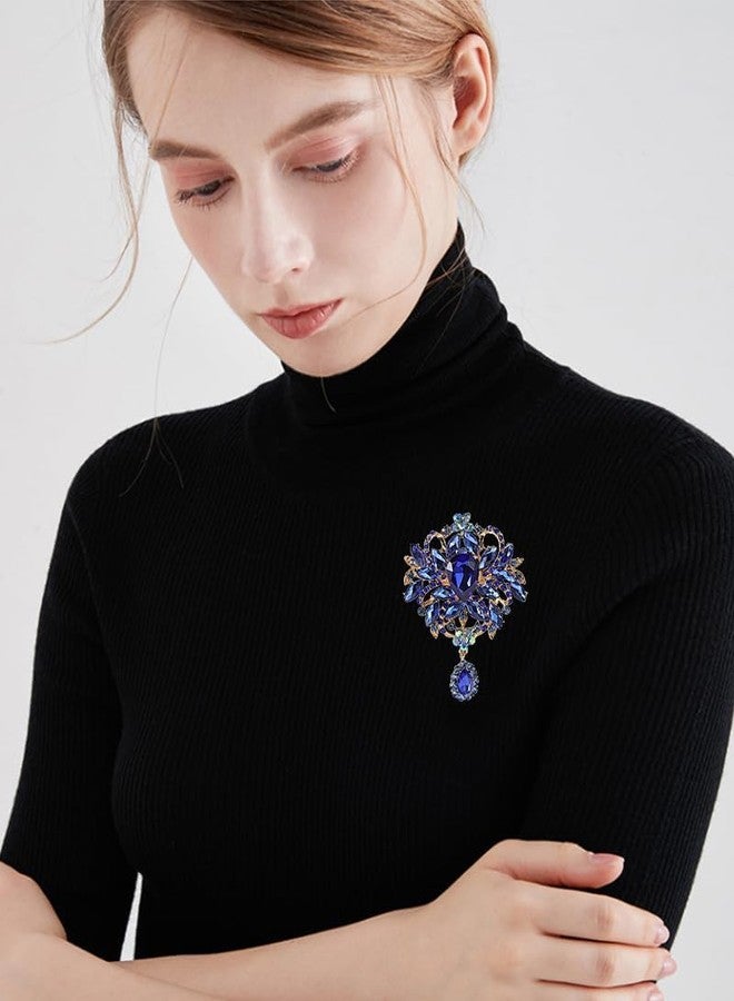 OIDIMS Vintage Wedding Bridal Big Austrian Crystal Rhinestone Bouquet Brooch Pin Elegant Flowers for Women Men Tear Drop Gold-Toneen Tone Brooches Art Deco Victorian Style Dress Clothing Accessories (Blue) - Image 2
