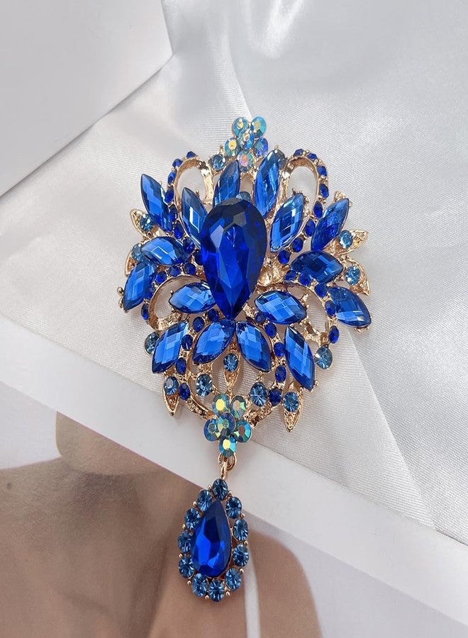 OIDIMS Vintage Wedding Bridal Big Austrian Crystal Rhinestone Bouquet Brooch Pin Elegant Flowers for Women Men Tear Drop Gold-Toneen Tone Brooches Art Deco Victorian Style Dress Clothing Accessories (Blue) - Image 5
