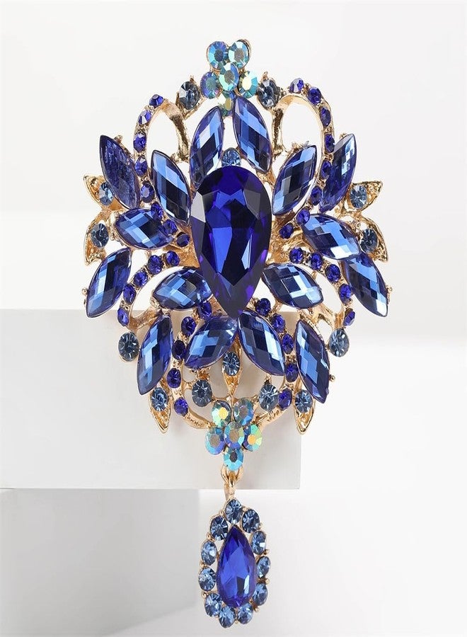 OIDIMS Vintage Wedding Bridal Big Austrian Crystal Rhinestone Bouquet Brooch Pin Elegant Flowers for Women Men Tear Drop Gold-Toneen Tone Brooches Art Deco Victorian Style Dress Clothing Accessories (Blue) - Image 4