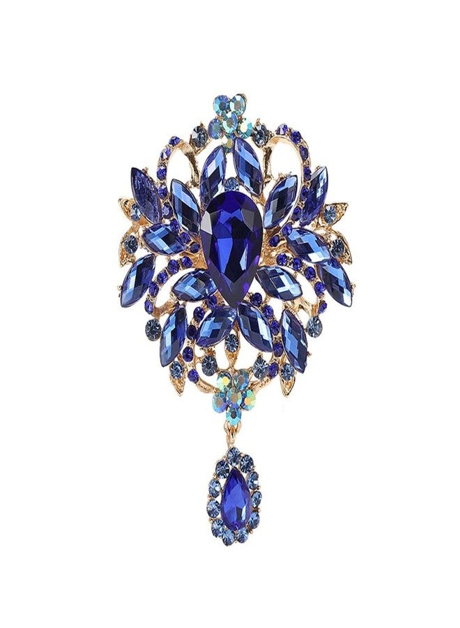 OIDIMS Vintage Wedding Bridal Big Austrian Crystal Rhinestone Bouquet Brooch Pin Elegant Flowers for Women Men Tear Drop Gold-Toneen Tone Brooches Art Deco Victorian Style Dress Clothing Accessories (Blue) - Image 1