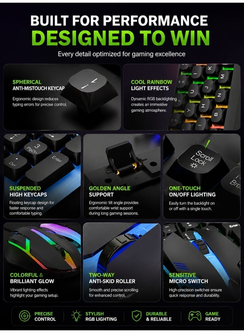 لوبيتيز مجموعة لوحة مفاتيح وفأرة RGB للألعاب، ميكانيكية مع مفاتيح LED، كابل، مفاتيح مسطحة مضاءة محدثة، USB، مع غطاء مفاتيح كروي. - Image 4