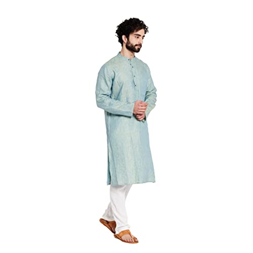 Fabindia Men's Blue Linen Solid Slim Fit Long Kurta - Image 3