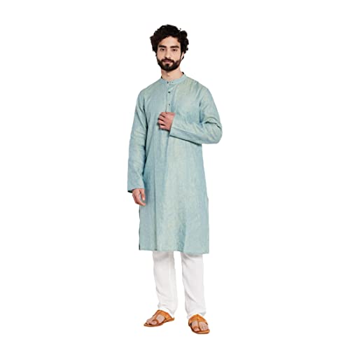 Fabindia Men's Blue Linen Solid Slim Fit Long Kurta - Image 1