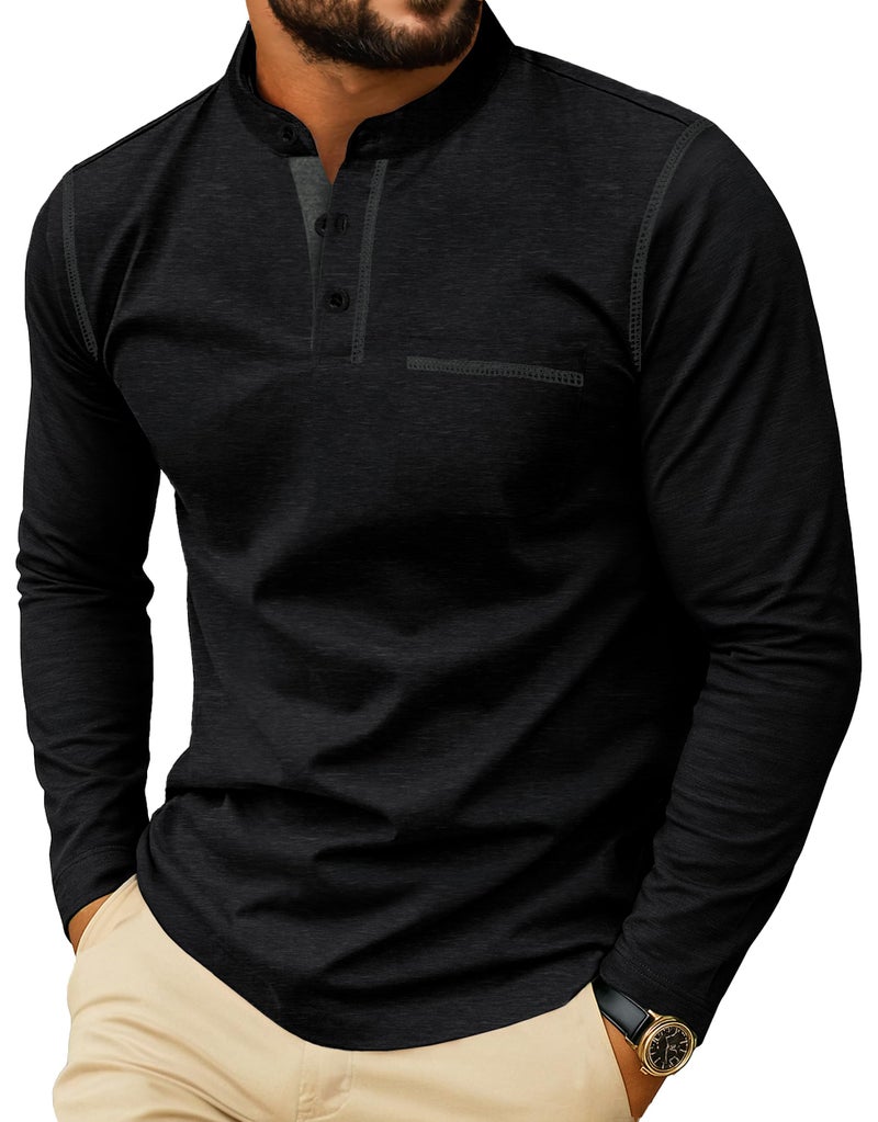 Sailwind Men's Henley Shirts Long Sleeve Button T-Shirt Casual Stylish Cotton Pullover Shirt with Pocket Black - Image 1