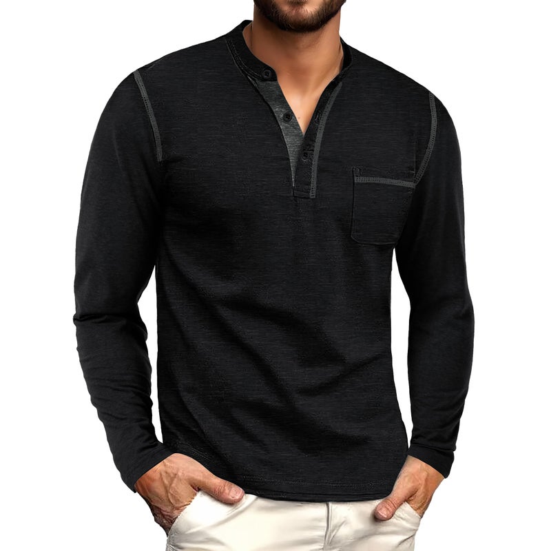 Sailwind Men's Henley Shirts Long Sleeve Button T-Shirt Casual Stylish Cotton Pullover Shirt with Pocket Black - Image 3