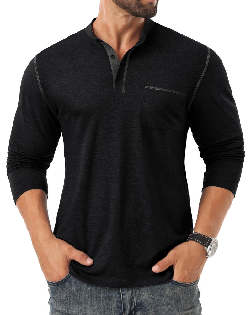 Sailwind Men's Henley Shirts Long Sleeve Button T-Shirt Casual Stylish Cotton Pullover Shirt with Pocket Black - Image 2