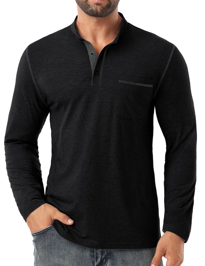 Sailwind Men's Henley Shirts Long Sleeve Button T-Shirt Casual Stylish Cotton Pullover Shirt with Pocket Black - Image 4