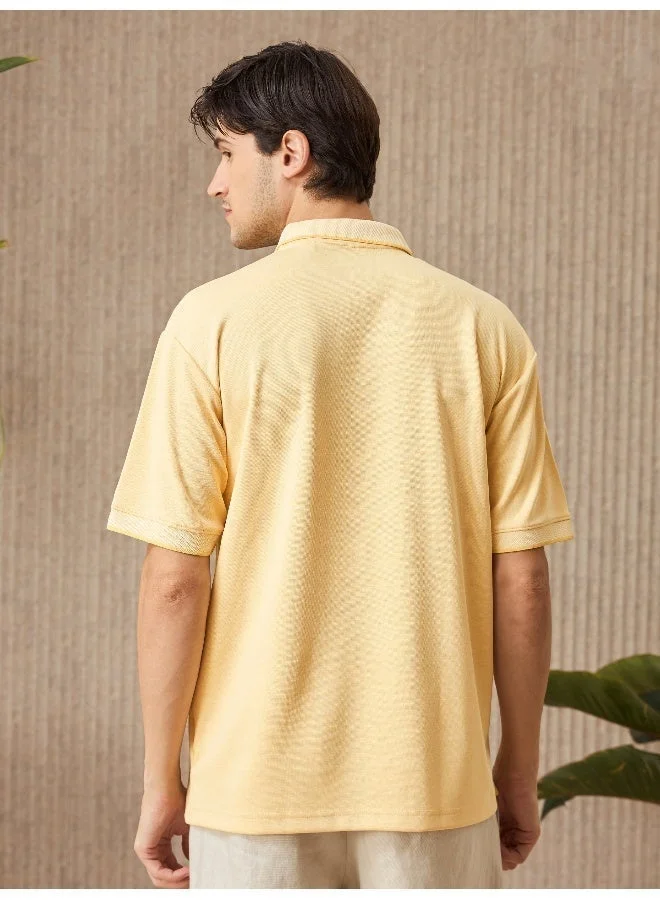 Beyoung Corn Yellow Melange Texture Regular Fit Solid Polo Tshirt