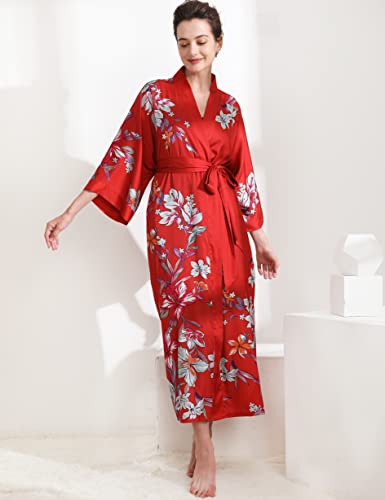 Aensso Long Soft Lightweight Silky Kimonos Robes for Women, Luxury Japanese Floral Womens Kimono Robe (Charming Red) - Image 4