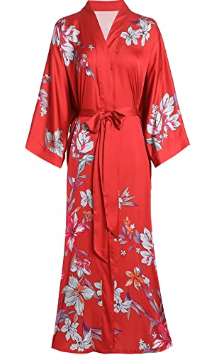 Aensso Long Soft Lightweight Silky Kimonos Robes for Women, Luxury Japanese Floral Womens Kimono Robe (Charming Red) - Image 1