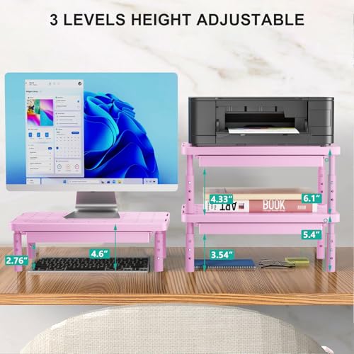 WALI Computer Monitor Stand with Storage Desk Monitor Riser 3 Height Adjustable Laptop Riser with Airflow Vents Desk Organizer for Computer Laptop Printer PTT002P 1 Pack Pink - Image 3
