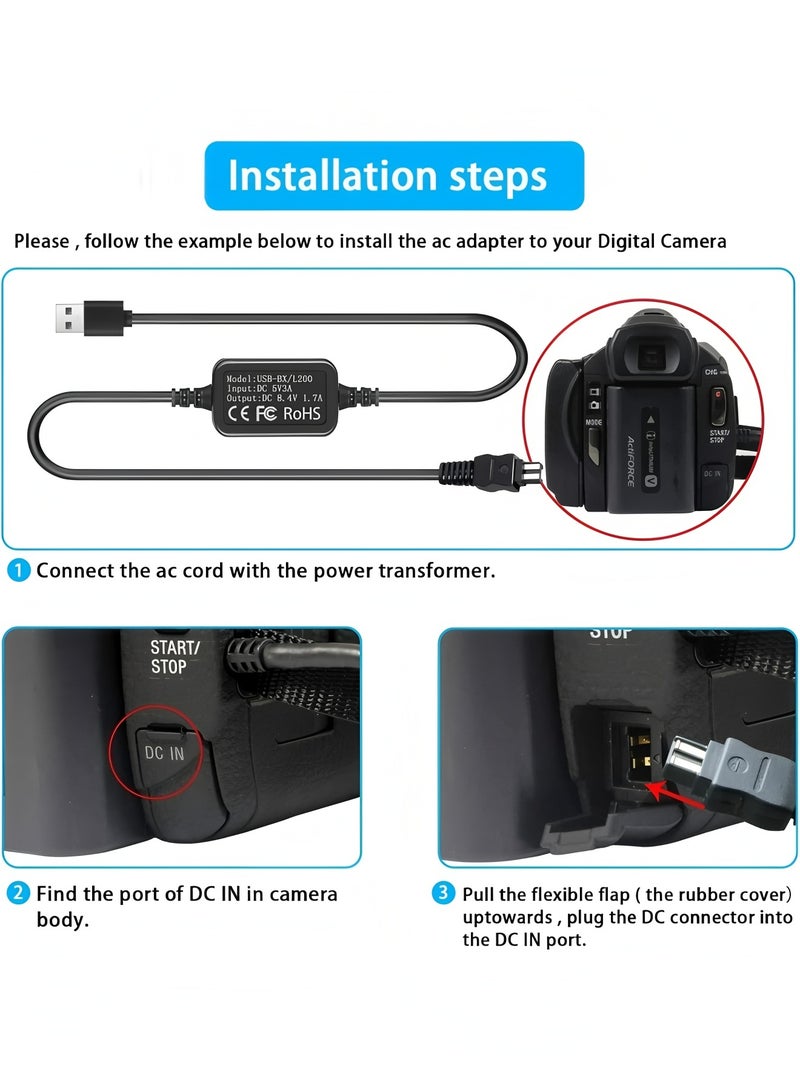 فليفيو شاحن كاميرا سوني هاندي كام سلك طاقة USB، محول طاقة AC-L200 ACL200 لكاميرا الفيديو DCR-SX40 DCR-SX44 DCR-SR45 DCR-SR47 DCR-SX63 DCR-SX65 DCR-SX85 DVD108 DVD610 DCR-SR62 DCR-SR68. - Image 2