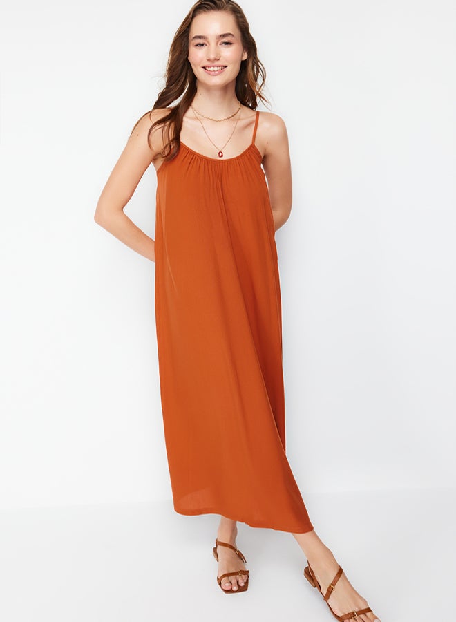 trendyol Brown Shift/Straight Cut Viscose Strap Maxi Woven Dress  - Image 3