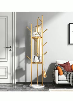 MIXDE Metal Gold Coat Racks Freestanding Coat Hanger Stand Hall Tree Coat Rack for Hanging Hats Scarves Bags Modern Coat Rack with Double Shelves Corner Coat Rack 9 Hooks  - Image 1