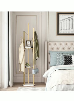 MIXDE Metal Gold Coat Racks Freestanding Coat Hanger Stand Hall Tree Coat Rack for Hanging Hats Scarves Bags Modern Coat Rack with Double Shelves Corner Coat Rack 9 Hooks  - Image 4